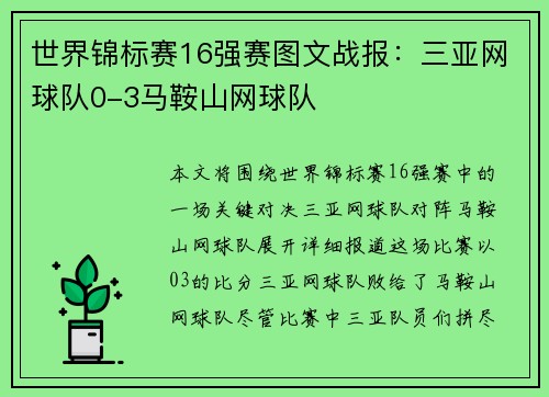世界锦标赛16强赛图文战报：三亚网球队0-3马鞍山网球队